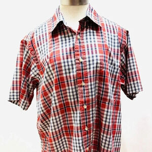 DAVID TAYLOR Men Short Sleeve Button Down Plaid Collared Red Shirt Size Large